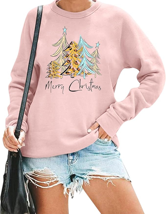 Women Christmas Sweatshirt Leopard Xmas Tree Print Blouse Funny Letter Graphic Top Long Sleeve Sh... | Amazon (US)