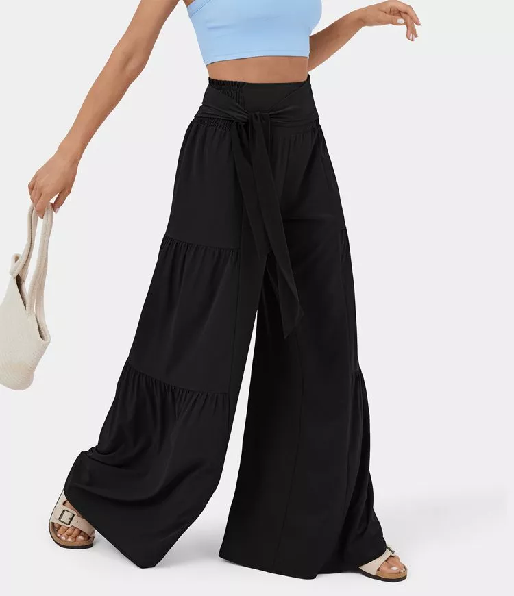 Breezeful™ High Waisted Plicated Side Pocket Shirred Wide Leg Flowy Solid  Palazzo Quick Dry Casual Pants