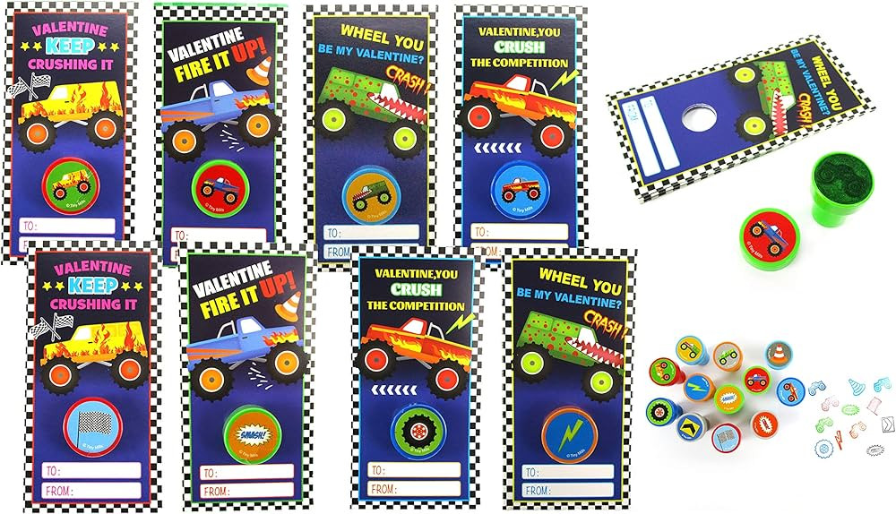 Tiny Mills 36 PACK Monster Truck Cards with Monster Truck Stampers for Valentine's Day Classroom ... | Amazon (US)