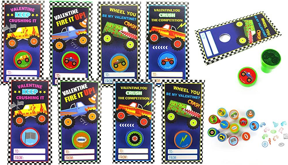 Tiny Mills 36 PACK Monster Truck Cards with Monster Truck Stampers for Valentine's Day Classroom ... | Amazon (US)