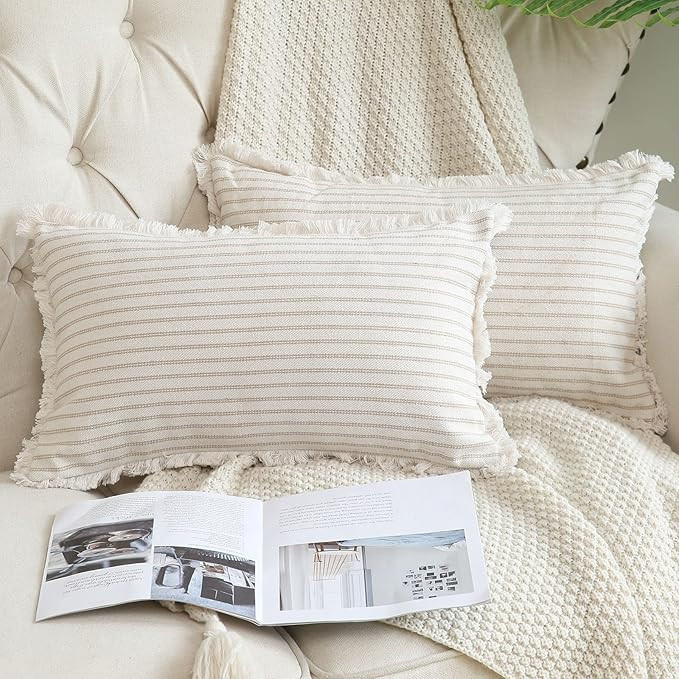 Hckot Throw Pillow Covers 12x20 Set of 2 Striped Pillow Covers with Fringe Chic Cotton Decorative... | Amazon (US)