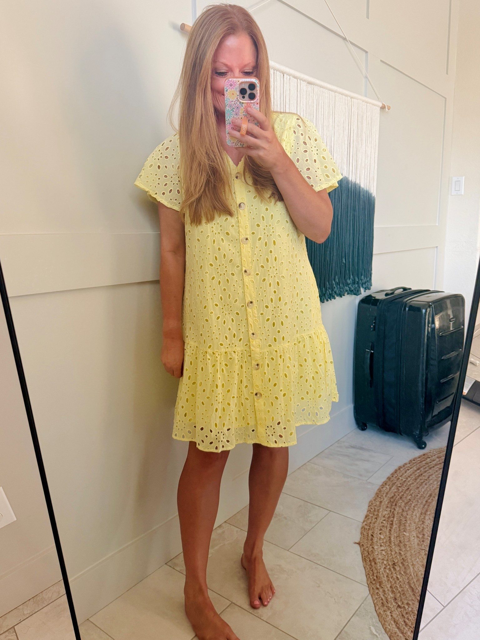 The cutest little eyelet dress from Amazon! Comes in 10 colors, but I love this yellow. Wearing my regular size M. I'm 5'5" for reference 💛