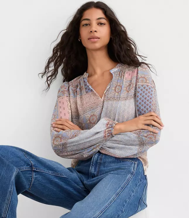 Patchwork Split Neck Blouse | LOFT