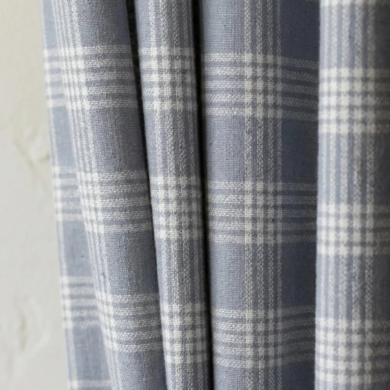 Dusty Blue Plaid Linen Curtain, Ivory Windowpane Check, Custom Size | Etsy (Global)