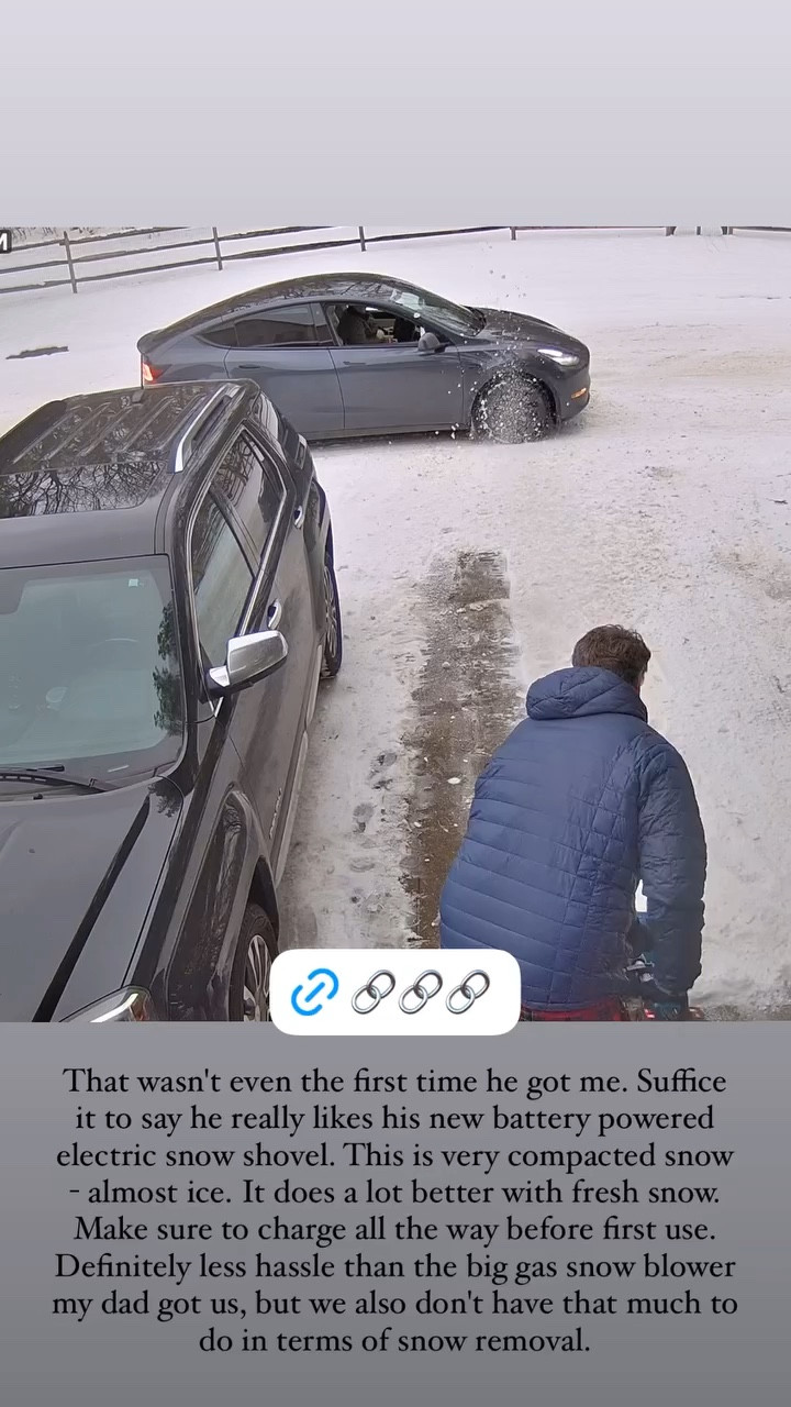 That wasn't even the first time he got me. Suffice it to say he really likes his new battery powered electric snow shovel. This is very compacted snow - almost ice. It does a lot better with fresh snow. Make sure to charge all the way before first use. Definitely less hassle than the big gas snow blower my dad got us, but we also don't have that much to do in terms of snow removal.