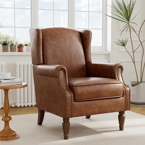 DREAMSIDEA PU Leather High Back Accent Chair, Upholstered Armchair with Solid Wood Legs, Comfy Wingback Reading Single Sofa Chair for Small Spaces, Living Room, Bedroom(Leather Brown, Set of 1) | Amazon (US)