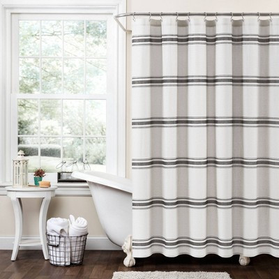 Farmhouse Striped Shower Curtain Black - Lush Décor: 100% Cotton, Machine Washable, Buttonhole Top | Target