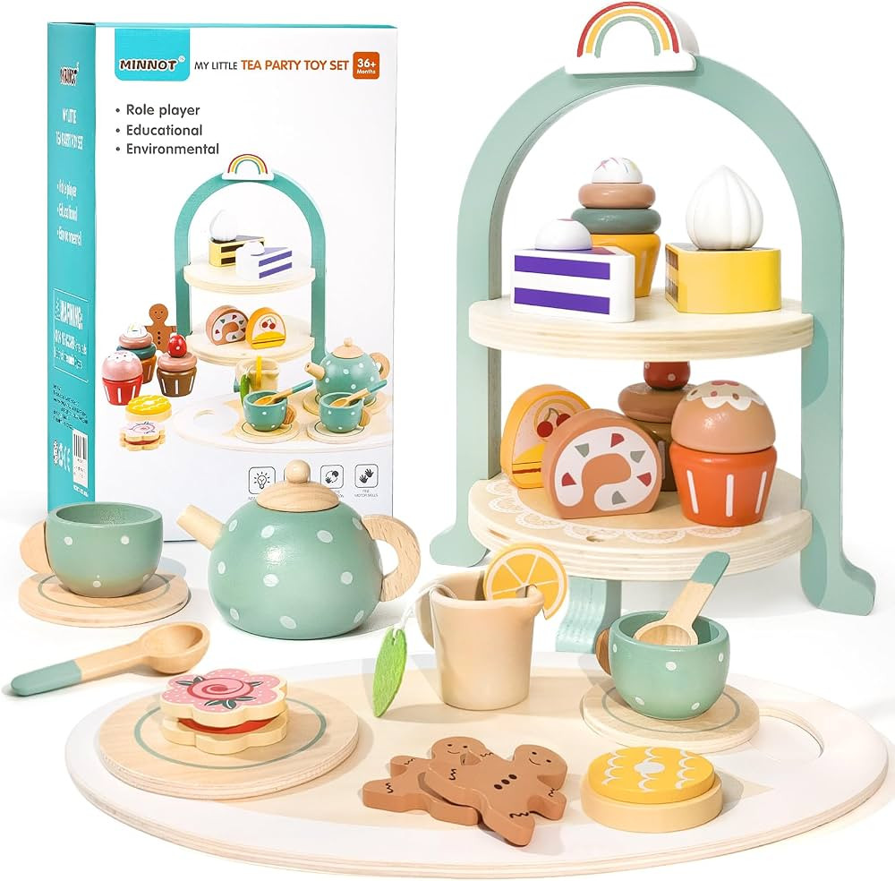 Tea Party Set for Little Girls with Cupcake Stand, Wooden Tea Set Toys for Girls Age 3 4 5 6 7 Ye... | Amazon (US)