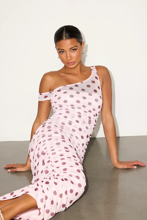 Decca Blush Polka Dot Mesh Ruched Maxi Dress | Lulus