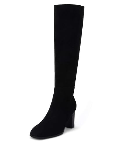 Coutgo Womens Knee High Boots Chunky Block Heels Square Toe Side Zipper Faux Suede Fall Winter Comfort Boot Black 9.5 | Amazon (US)