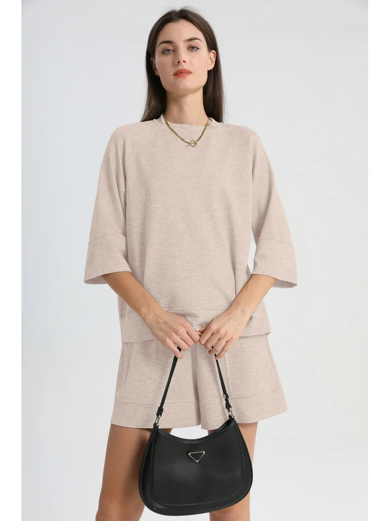 MINTREUS Women's Mock Neck Lounge Set 3/4 Sleeve Tops and Elastic Waist Shorts Cozy Loungewear Sw... | Walmart (US)
