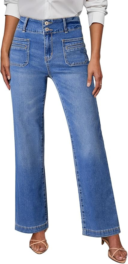 Women's Wide Leg Jeans High Waisted Tummy Control Stretchy Pockets Front Straight Leg Jeans | Amazon (US)