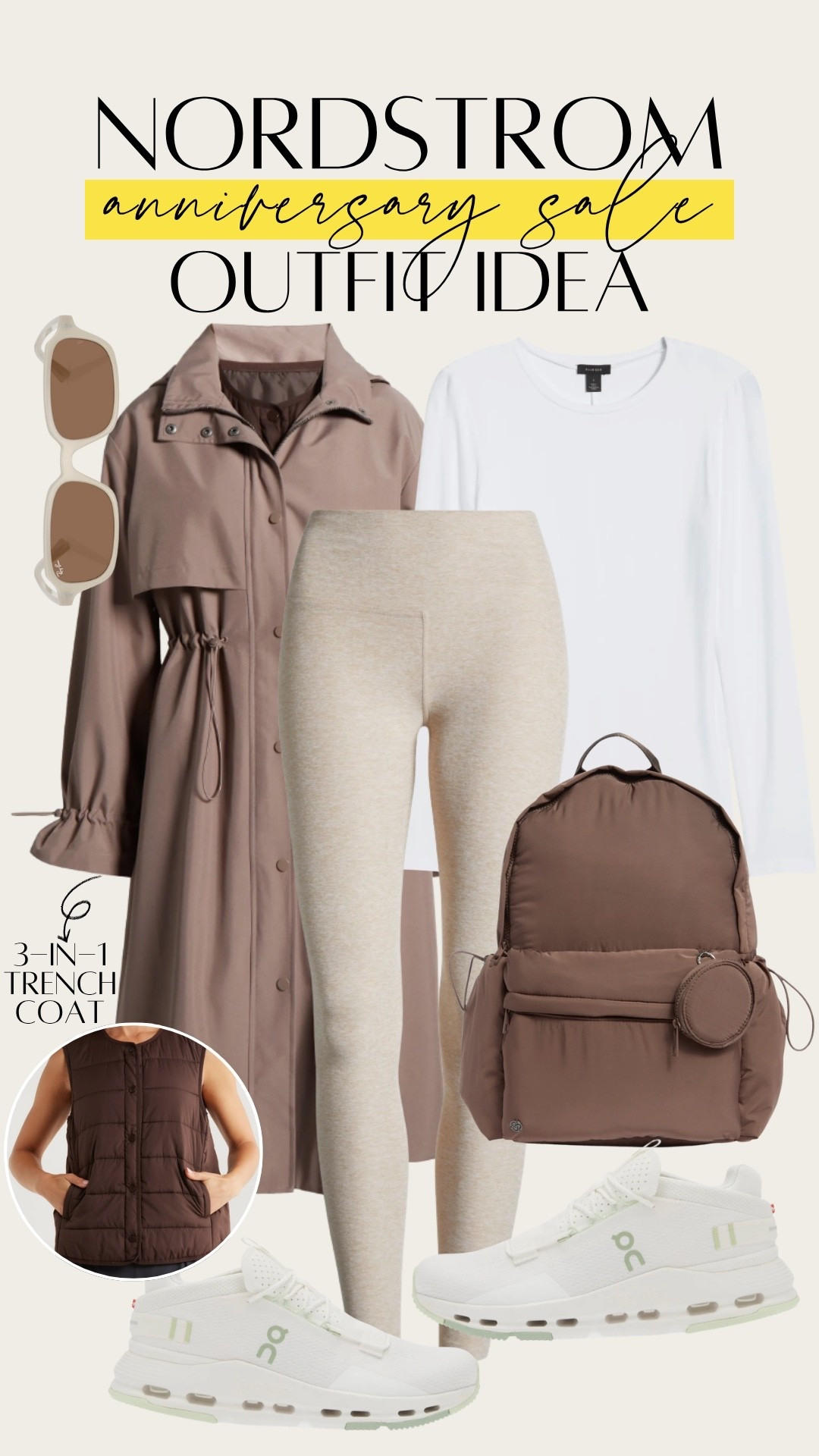 Neutral travel/airport outfitwith a 3-in1 trench coat that has a detachable vest. Leggings come in so many colors and the white tshirt is a great closet staple. Nordstrom Anniversary Sale / NSale 2025 

 #LTKActive #LTKSaleAlert #LTKTravel