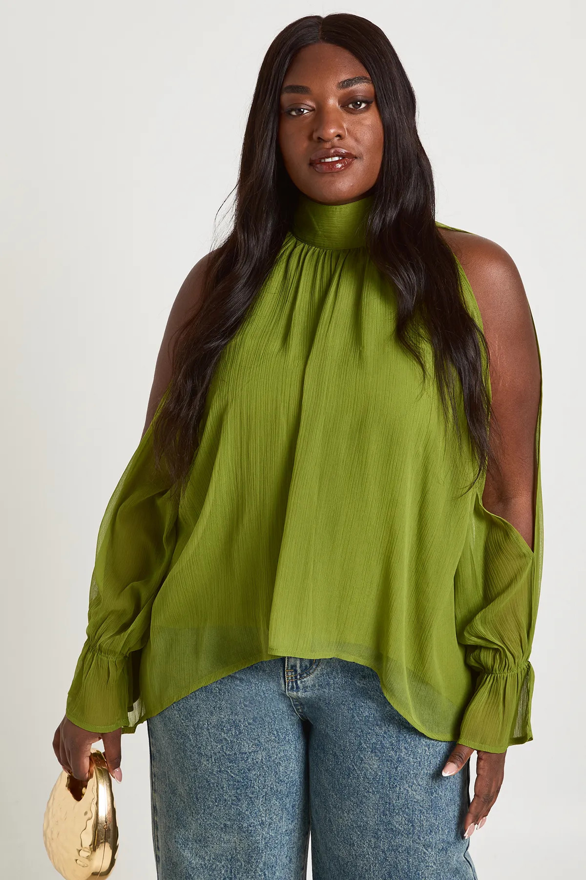Olive Plus Chiffon Halterneck Long Sleeve Draped Blouse | Boohoo USA | boohoo (US & Canada)