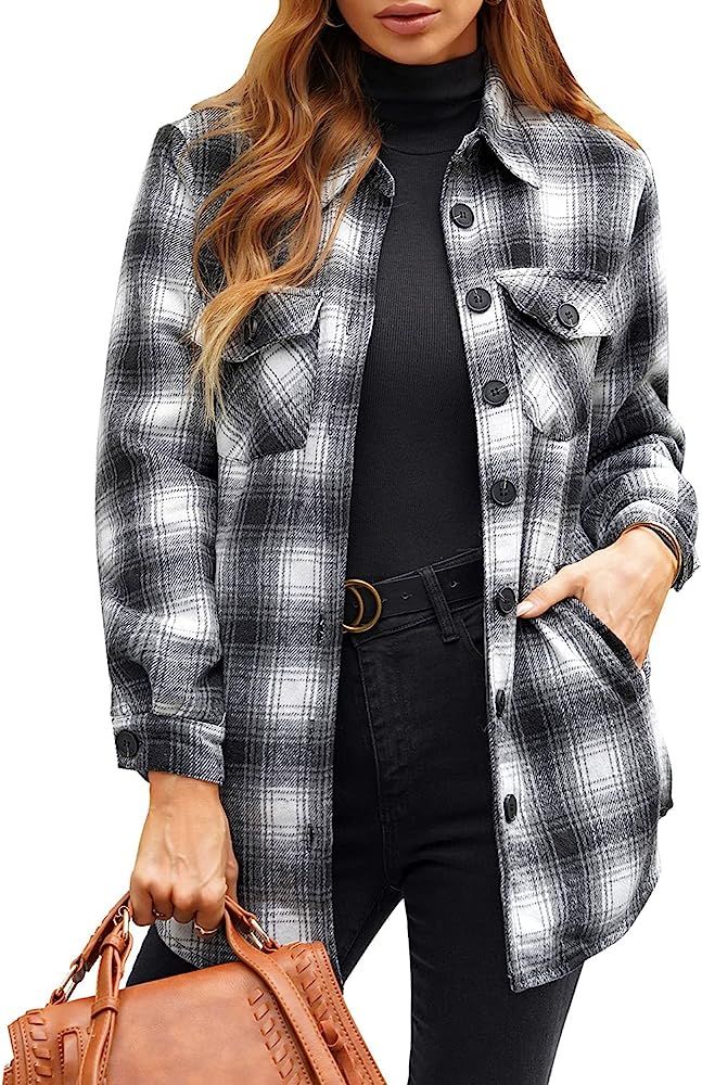 GRAPENT Women's Oversized Plaid Button Down Shirt Quilted Lined Shacket Jacket | Amazon (US)