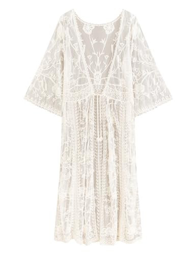 Bathing Suit Cover up 3/4 Length Sleeve Mesh Swimsuit Coverups Womens Long Beach Lace Crochet Kimono 2024 Summer Cardigan(Apricot) | Amazon (US)