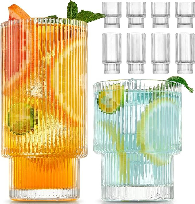 8 Pack Drinking Glasses, 4pcs Highball Glasses (11oz) & 4pcs Rocks Glasses (6oz), Vintage Glass C... | Amazon (US)