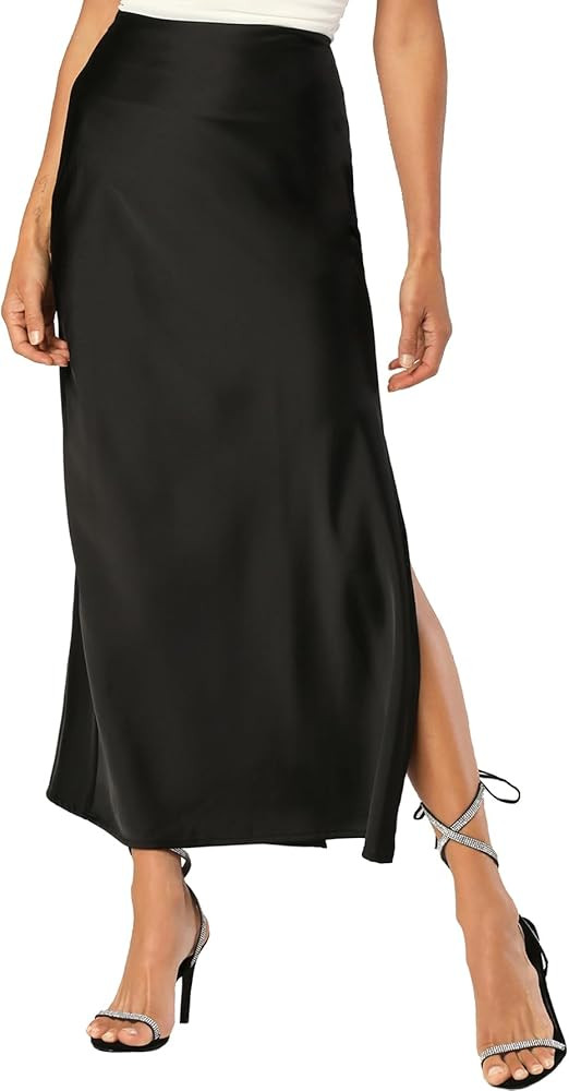 Womens Satin Silk Maxi Slit Skirt Elastic Waistband Maxi Long Satin Slit Skirts for Women | Amazon (US)