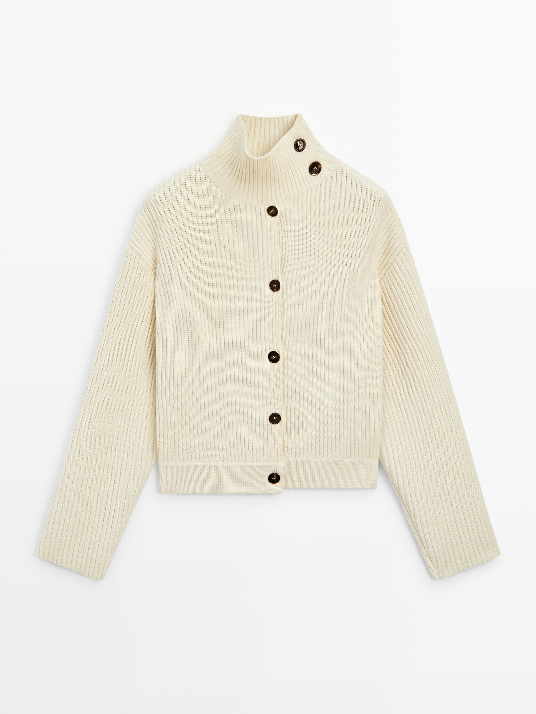 Cotton high neck knit cardigan | Massimo Dutti US