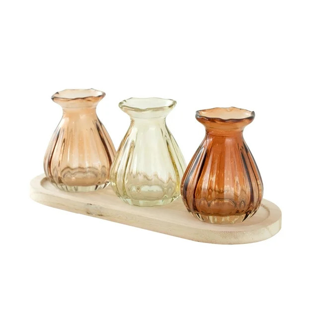 3 Pc Indoor Decorative Translucent Glass Tabletop Bud Vase Set with Natural Wood Base Tray | Walmart (US)