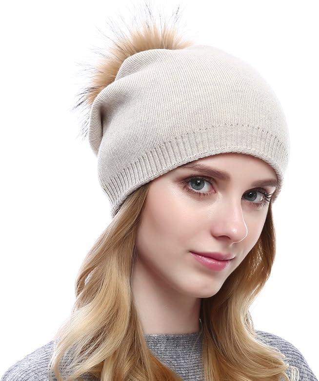Women Knit Wool Beanie - Winter Solid Cashmere Ski Hats Real Raccoon Fur Pom Pom | Amazon (US)