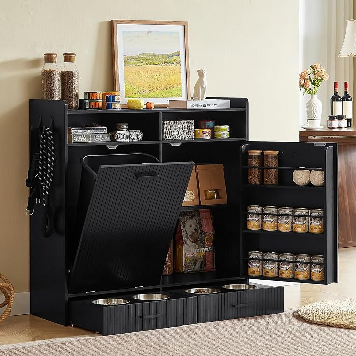 ONBRILL Tilt-Out Trash Can Cabinet with Storage, Dog Feeding Station, Black | Amazon (US)