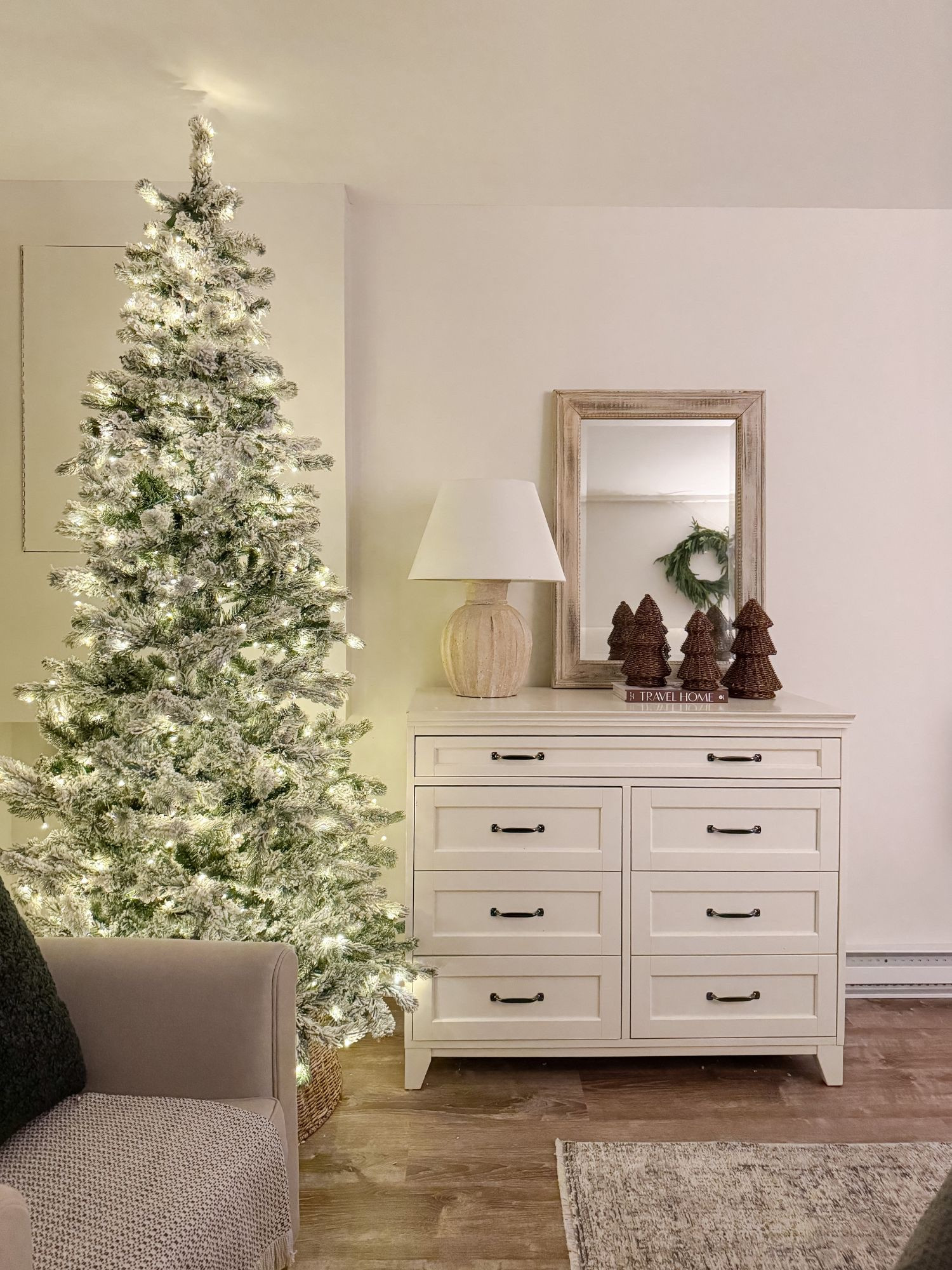 A welcoming winter bedroom guest space with a softly glowing flocked tree, neutral dresser, and layered holiday accents. This room feels festive while keeping a calm coastal tone. Winter bedroom, guest bedroom for winter, coastal Christmas bedroom, holiday guest room, flocked Christmas tree, neutral holiday decor, coastal winter styling, winter home decor, soft festive style, serene holiday bedroom, Sherri Calnan Home

#LTKHoliday #LTKSeasonal #LTKHome
