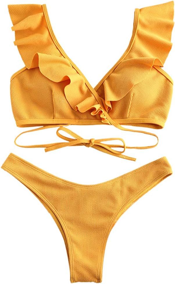 ZAFUL Women's Ruffle Wrap Lace Up Bikini Set Plunging Scrunch Butt High Cut Bathing Suit | Amazon (US)