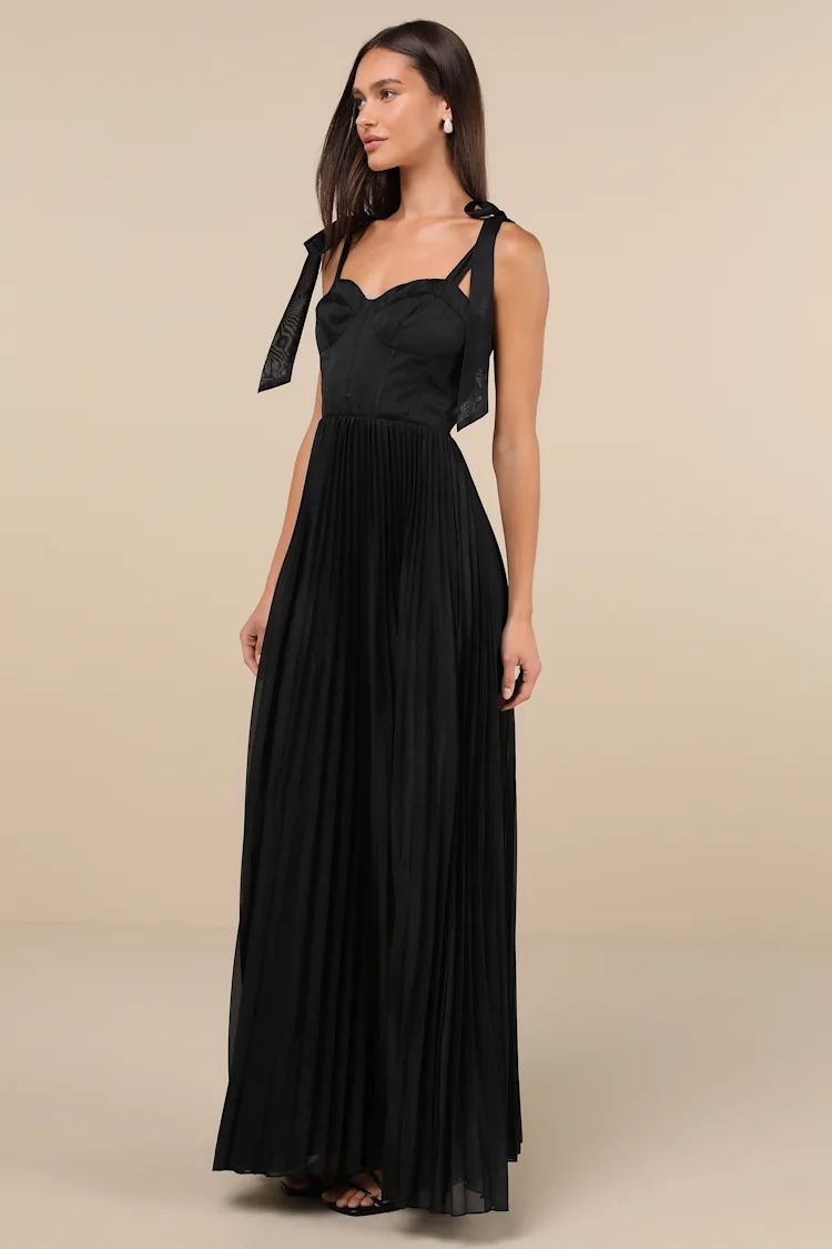 Attentive Elegance Black Tie-Strap Bustier Pleated Maxi Dress | Lulus