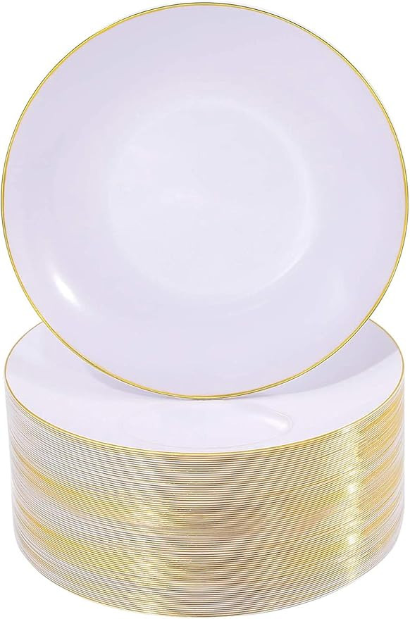 Nervure 100Pieces White with Gold Rim Plastic Plates - 7.5inch Disposable Gold Salad/Dessert Plat... | Amazon (US)