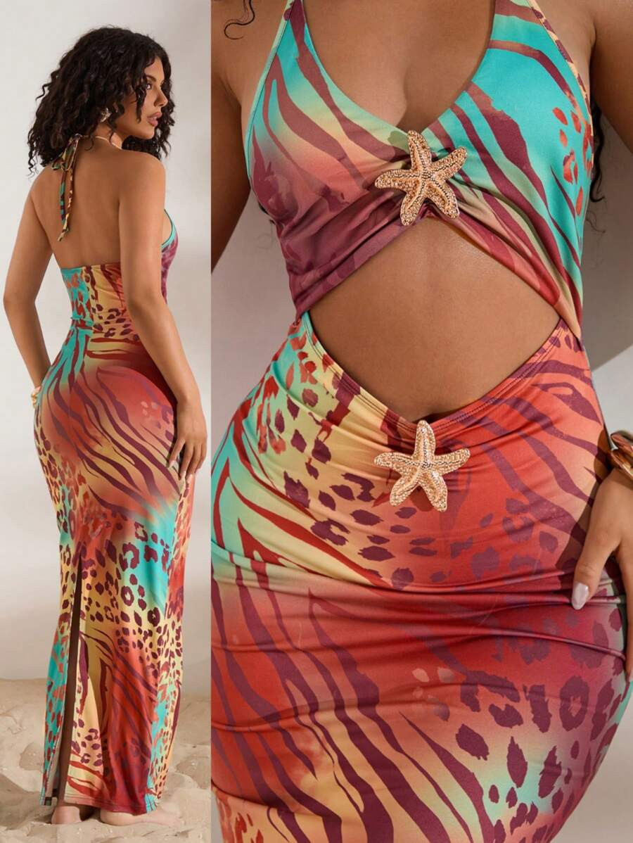 Opulessa V-Neck Off-The-Shoulder Dress With Metal Decoration On The Chest, Cut-Out Waist, Slit Ba... | SHEIN