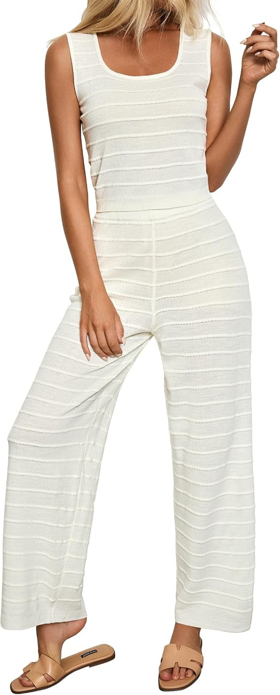 luvamia Knitted 2 Piece Sets for Women Summer Ribbed Tank Top with High Waisted Wide Leg Ankle Cr... | Amazon (US)