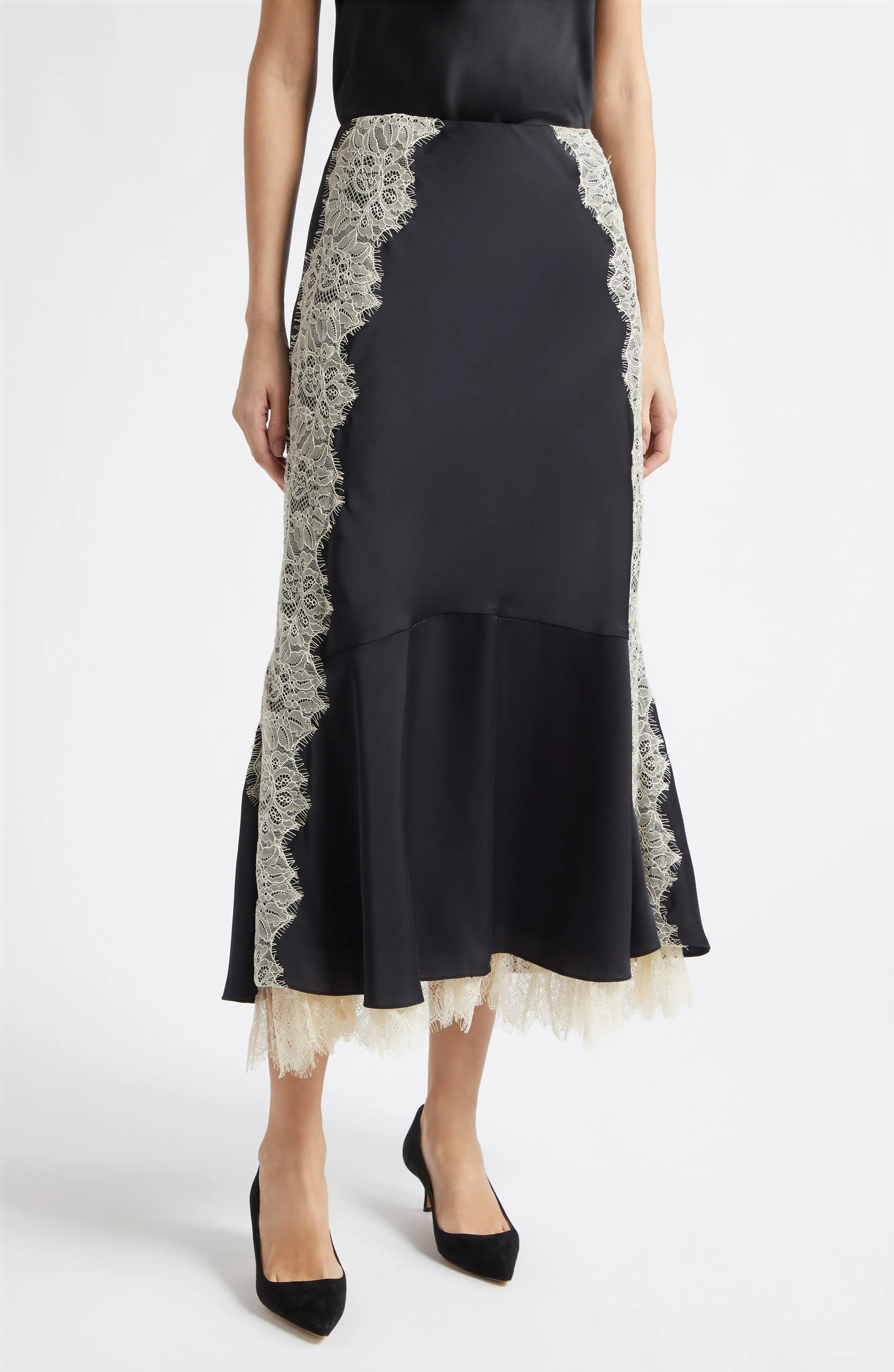 Cinq à Sept Esme Satin Liore Skirt in Black/gardenia at Nordstrom, Size 0 | Nordstrom
