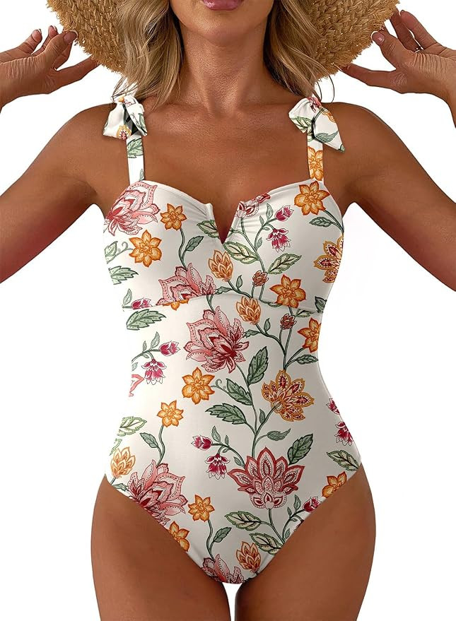 Aleumdr Women's One Piece Swimsuits Tummy Control Bathing Suits V Neck Boho Tie Shoulder Ruched F... | Amazon (US)