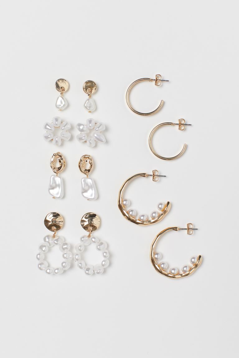 Metal earrings in various sizes and designs. One plain pair and five pairs decorated with pearly ... | H&M (UK, MY, IN, SG, PH, TW, HK)