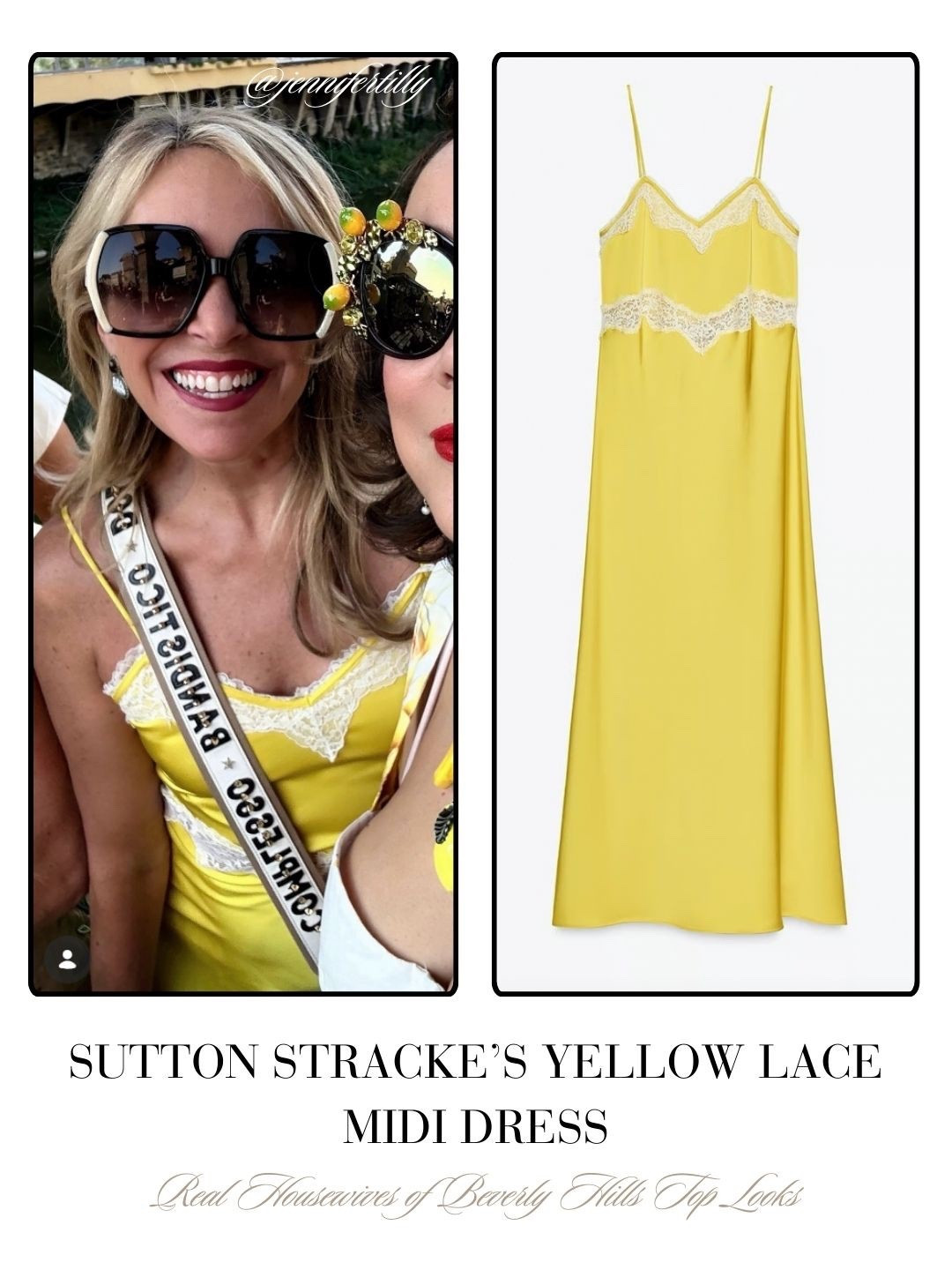 Sutton Stracke’s Yellow Lace Midi Dress 📸 = @jennifertilly 
