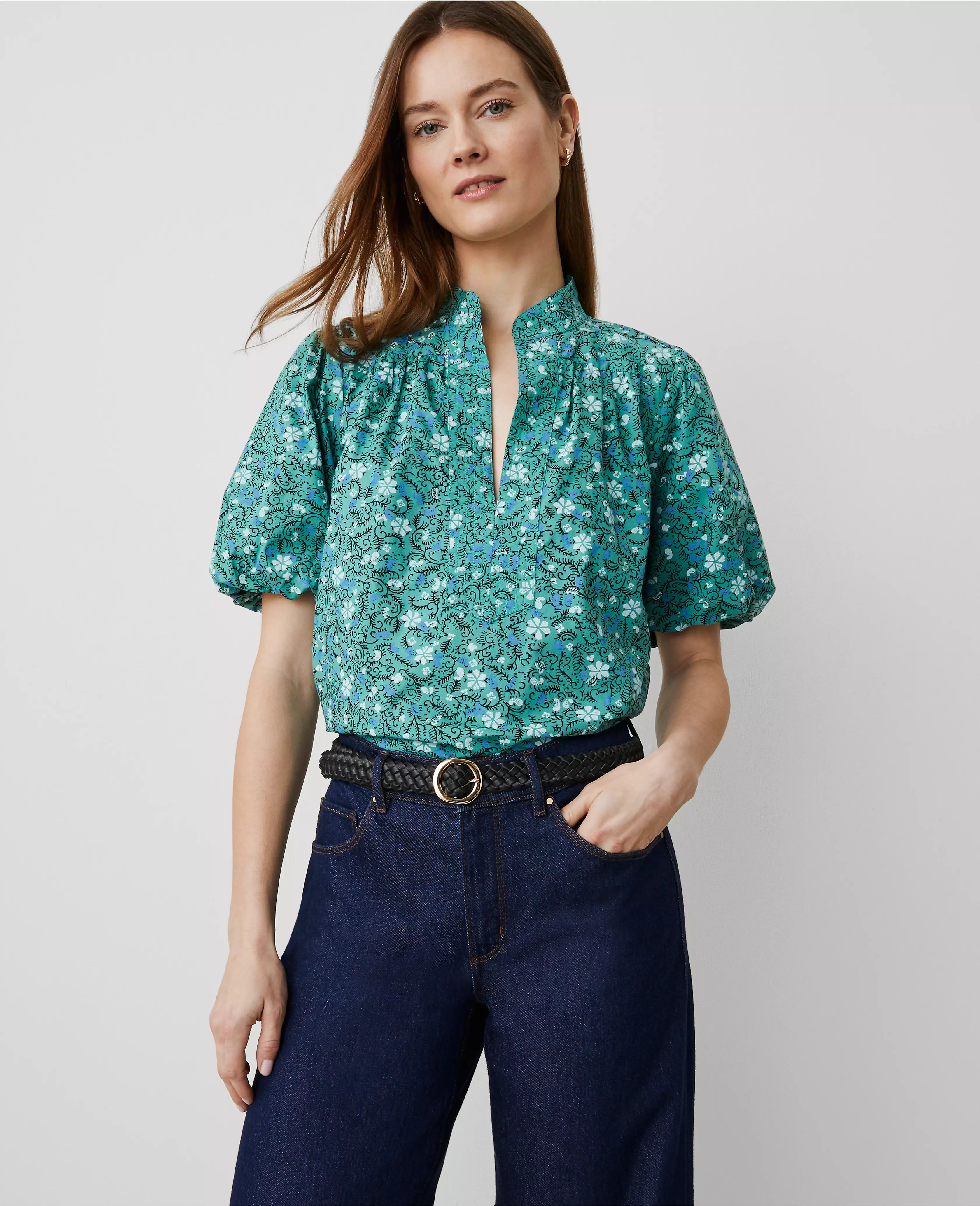 Petite Floral Puff Sleeve Popover | Ann Taylor