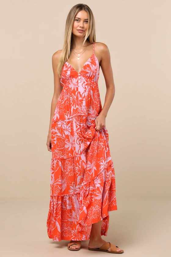 Warm Rays Coral Tropical Print Tiered Tie-Back Maxi Dress | Lulus