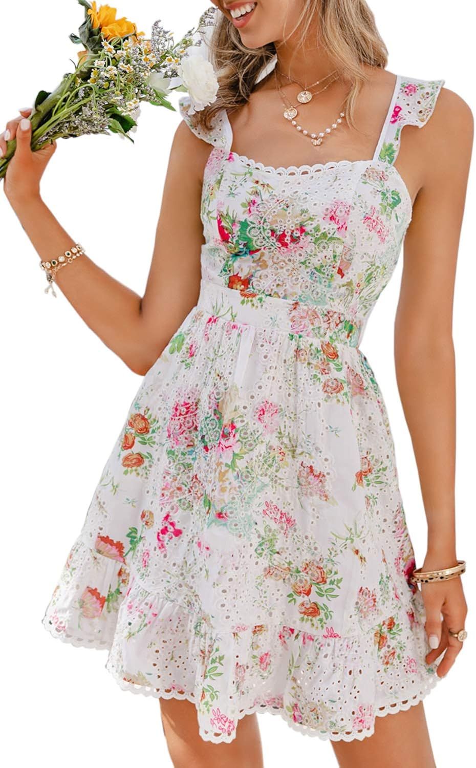 Envemour Women's Summer Embroidery Spaghetti Strap Short Dress V Neck Backless Mini Swing Dress | Amazon (US)