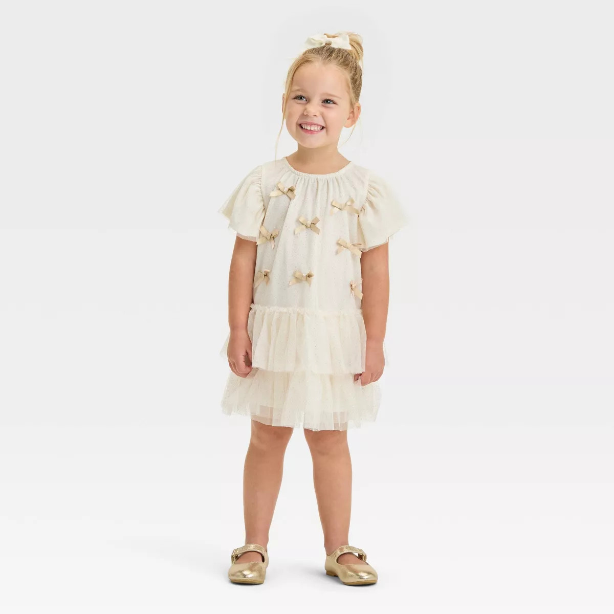 Toddler Girls' Audrey Camille Gold Bows Tulle Dress - Beige | Target