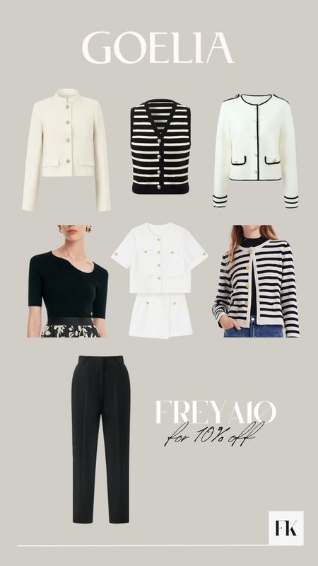 My spring selects for Goelia 🤍 I have a discount code FREYA10 which will get you 10% off, on top of their existing offers too! ~ Cream collarless tweed jacket, black white stripe cardigan waistcoat, black tee, tweed co ord, cream cardigan, black tailored trousers, spring capsule wardrobe

#LTKSeasonal