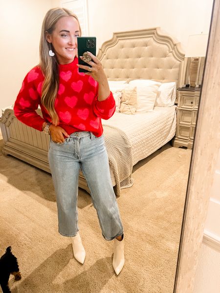 Valentines Outfit | Heart Sweater | Pink and Red | White Booties | Cropped Denim | Heart Accessories | Heart Earrings 

#LTKfindsunder50 #LTKSeasonal #LTKshoecrush