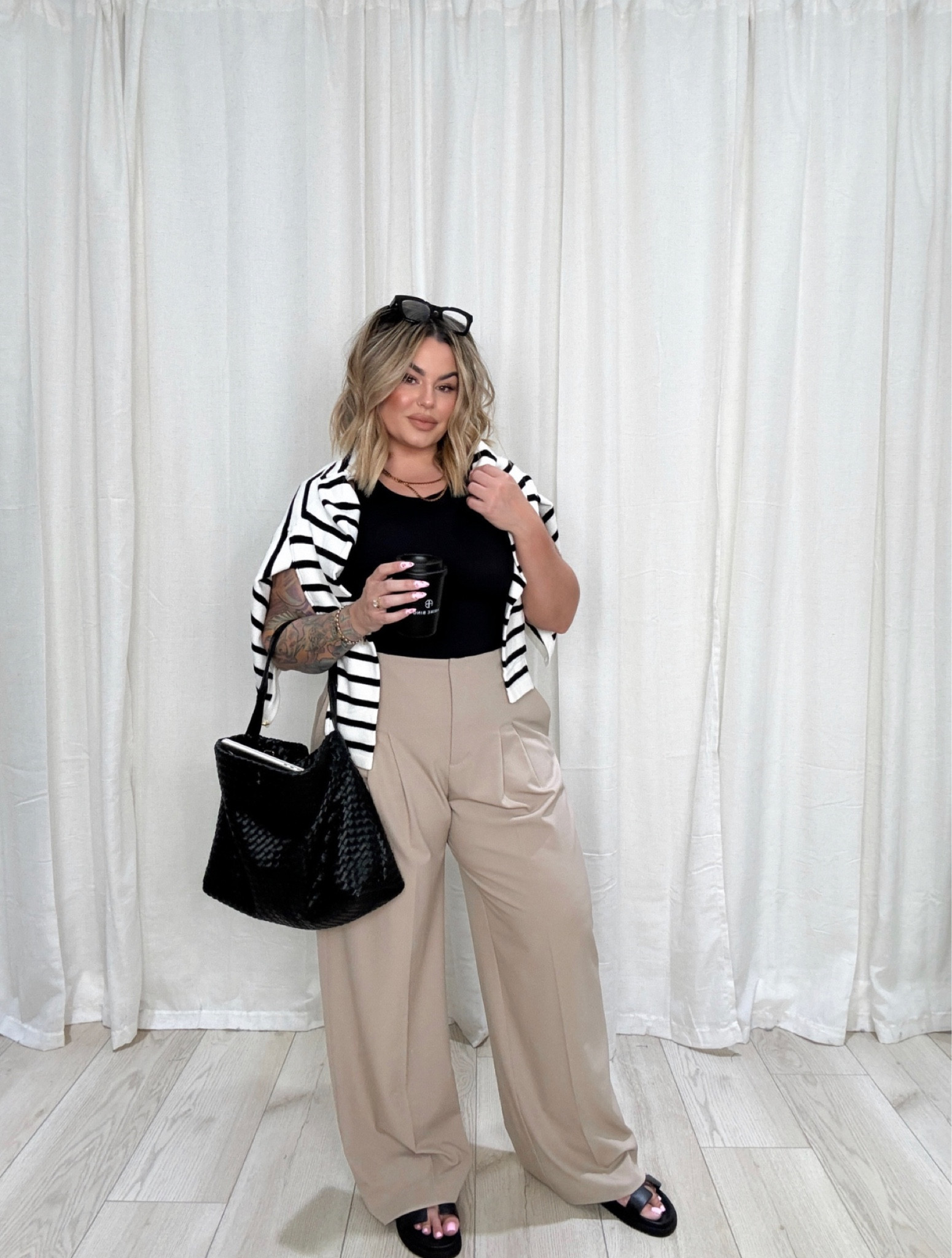 Sweater L 
Pants 32long I’m 5’5 I can do a flat or a heel with these. 
Bodysuit L no bra required it’s compressive linked the nip covers I use tho. 
Use code shayna10 on necklace to save $ I double stacked the necklace in 2 lengths . 
Linked similar sandals that are way more affordable than mine that give the save look. 
Glasses linked are reading glasses not blue light. 

#Midsize #BusinessCasual #Workwear #Abercrombie #Bodysuit #Sweater #AmazonFashion #Amazon #aerie 

#LTKstyletip #LTKsalealert #LTKmidsize