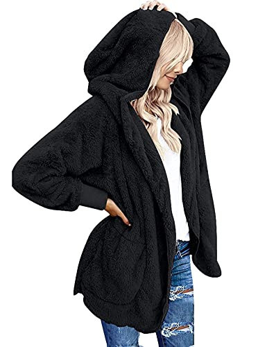 Fasumava Womens Fuzzy Fleece Jacket Solid Open Front Hooded Cardigan Coats Outwear with Pockets | Amazon (US)