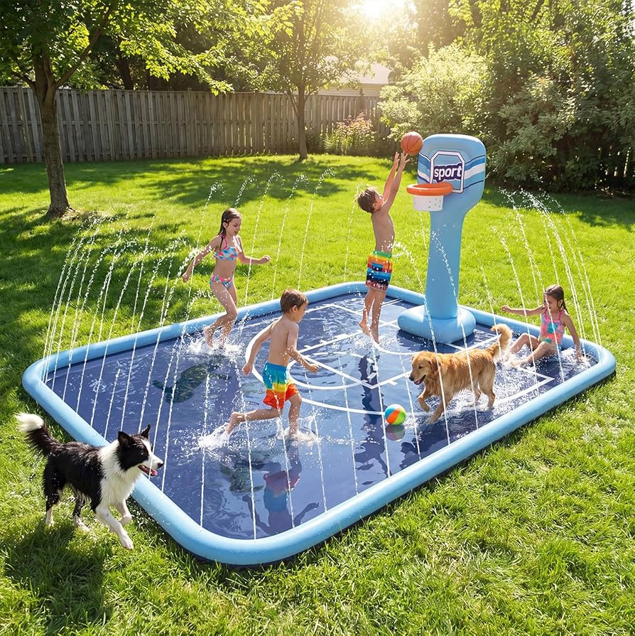 Splash Pad for Kids, 118"x138" Extra Large Sprinkler Splash Pad with Basketball Hoop & Ball, Non-... | Amazon (US)