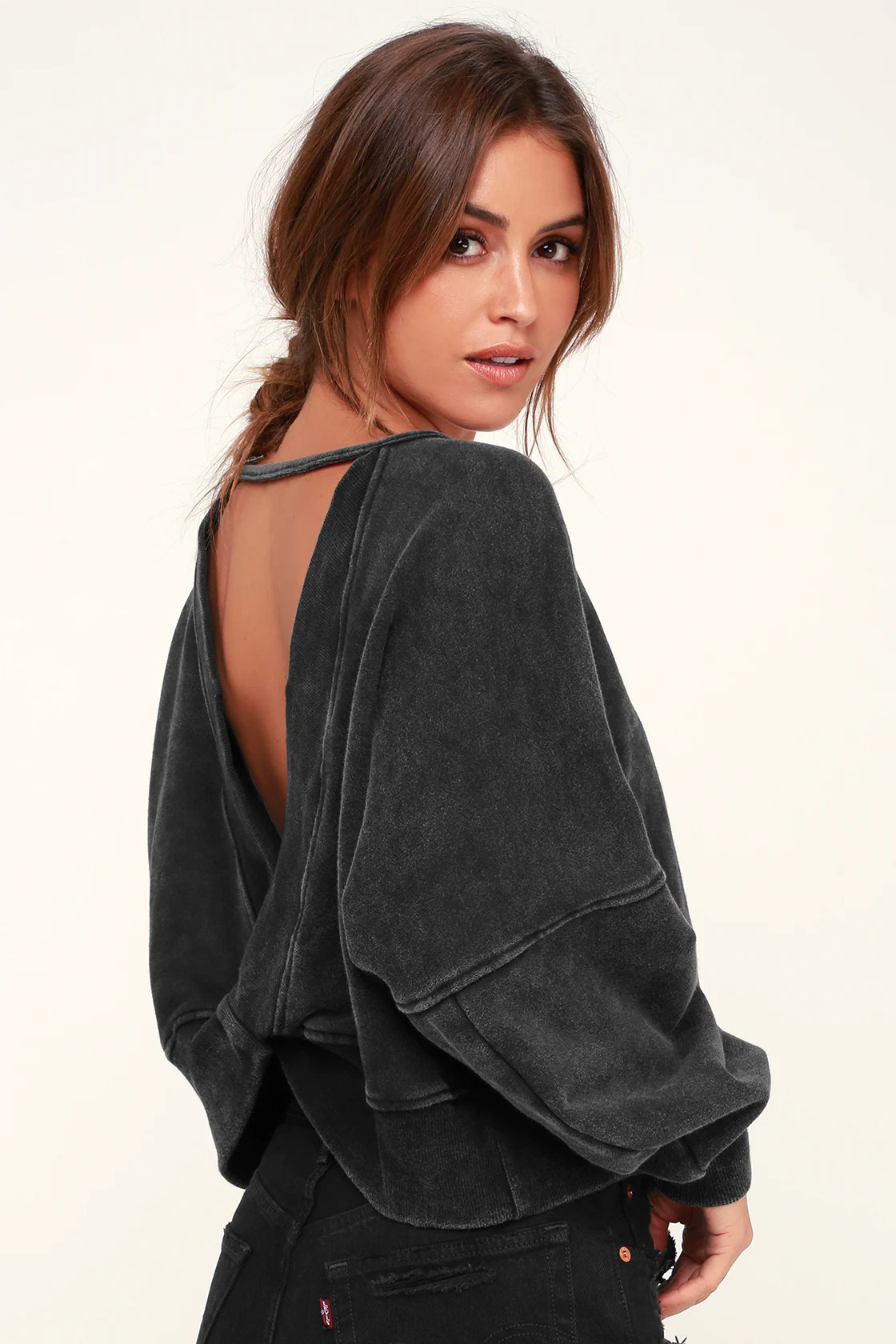 Twist Connection Washed Black Backless Cropped Sweater Top | Lulus