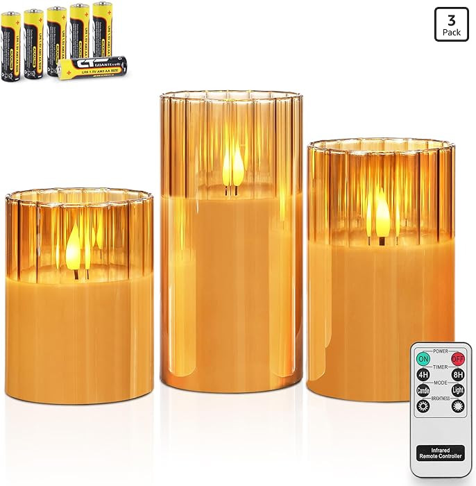 Rhytsing Gold Ribbed Glass Battery Operated LED Candles with Remote, Flameless Candle Gift Set wi... | Amazon (US)