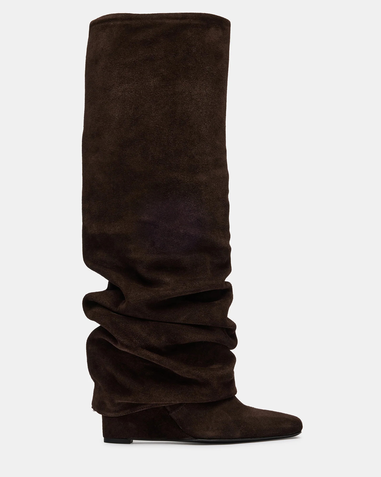 MONTANA Brown Suede Knee-High Square-Toe Wedge Fold-Over Women's Boot | Steve Madden (US)