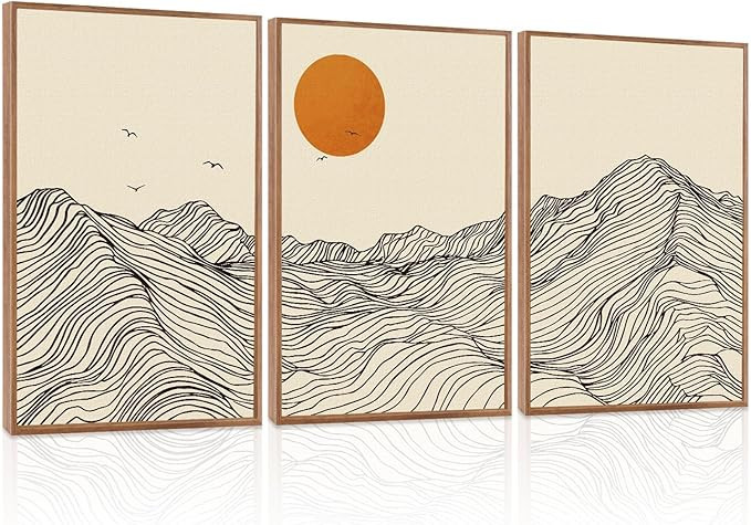 LHIUEM Abstract Wave Line Mountain Framed Canvas Wall Art,Boho Sun Wall Decor,Minimalist Beige Ar... | Amazon (US)