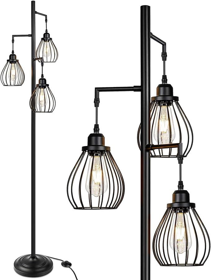 Lakumu Industrial Floor Lamp for Living Room, Tree Floor Lamp with 3 Elegant Teardrop Cage Heads ... | Amazon (US)